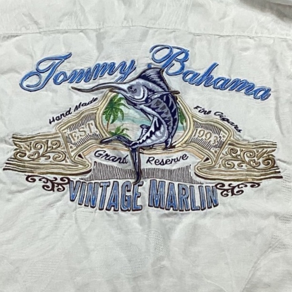 Tommy Bahama Mens Silk Camp Shirt‎ Cream Vintage Marlin Embroidered Jacquard M